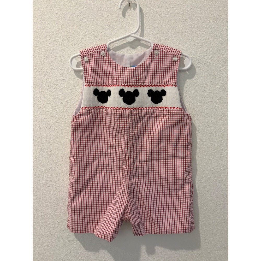 Velani Classics Red Gingham Smocked Mouse Jon Jon Romper 24M